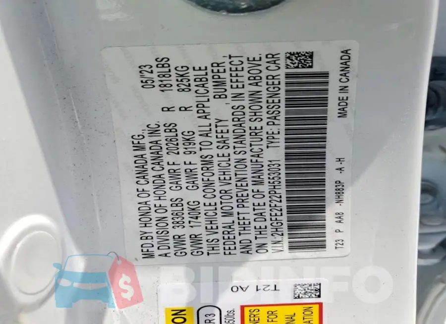 2HGFE2F22PH553031 Photo# 13