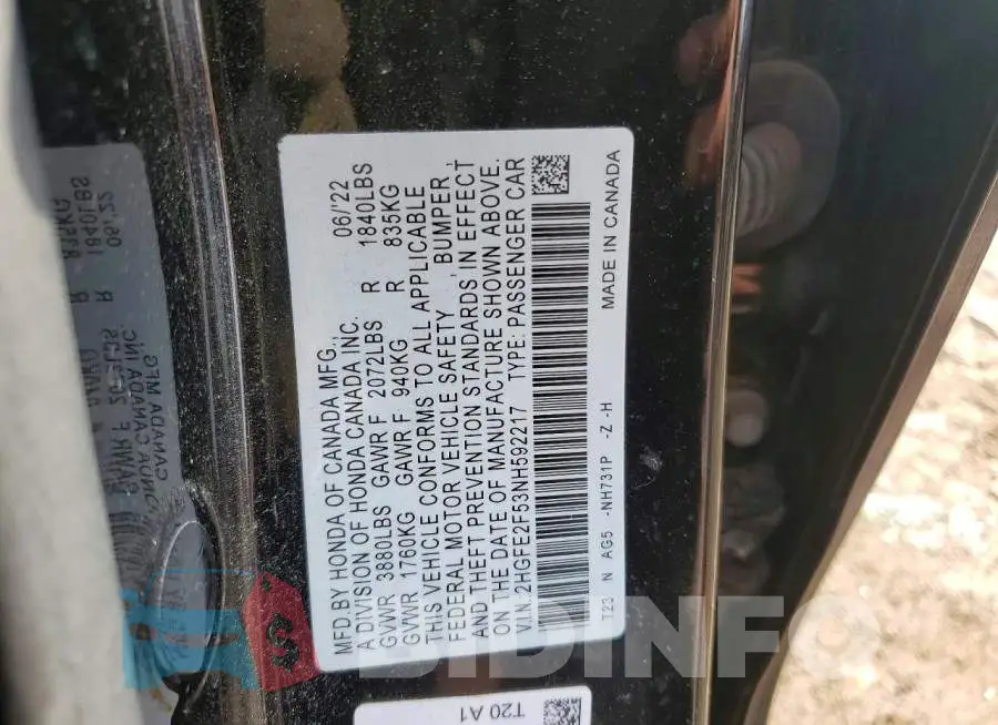 2HGFE2F53NH592217 Photo# 12