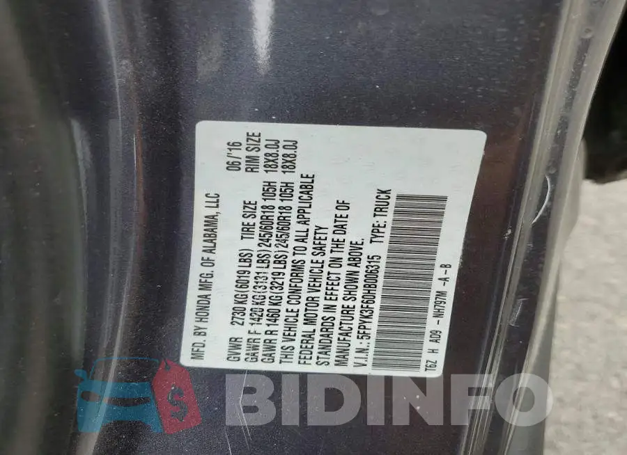 5FPYK3F60HB006315 Photo# 12