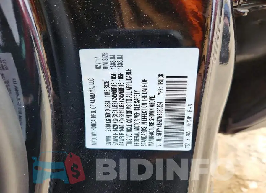 5FPYK3F87HB030824 Photo# 12