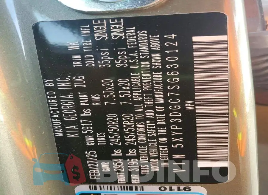 5XYP3DGC7SG630124 Photo# 13