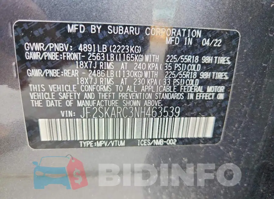 JF2SKARC3NH463539 Photo# 13