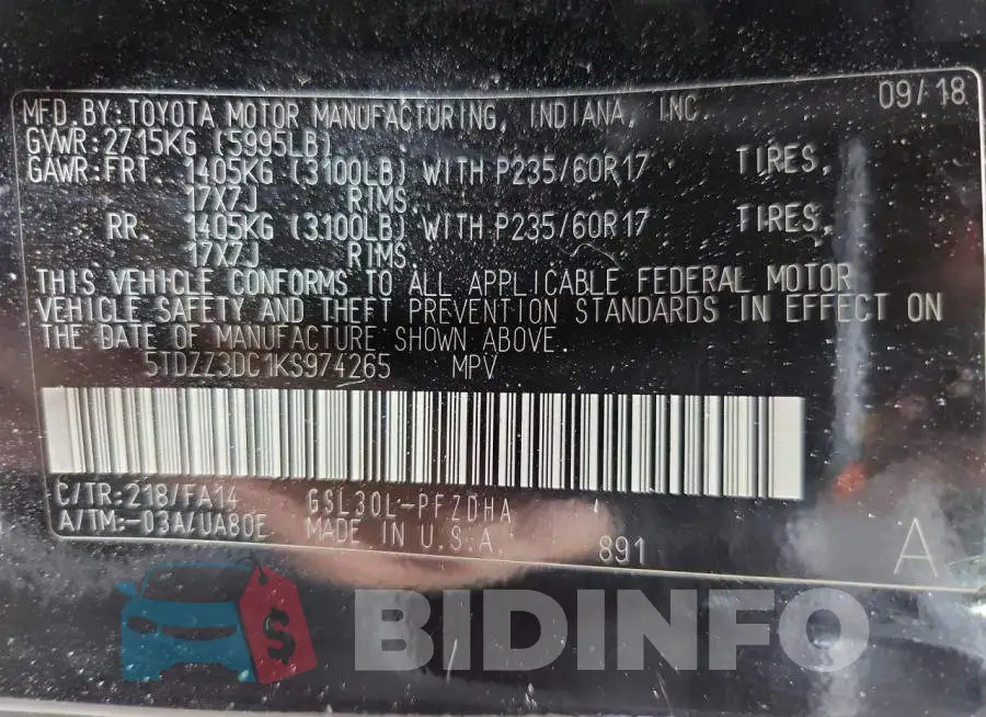 5TDZZ3DC1KS974265 Photo# 13