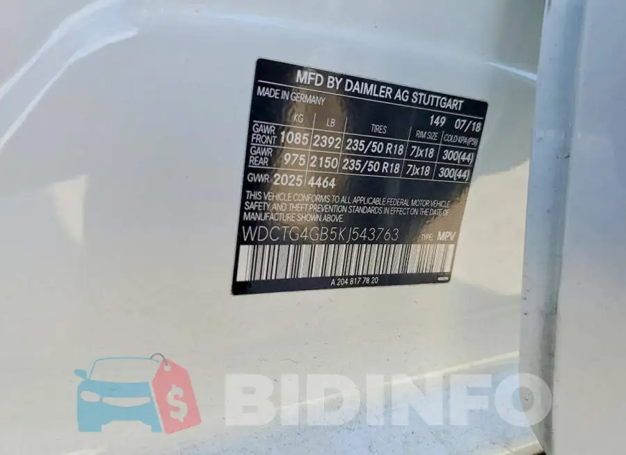 WDCTG4GB5KJ543763 Photo# 13