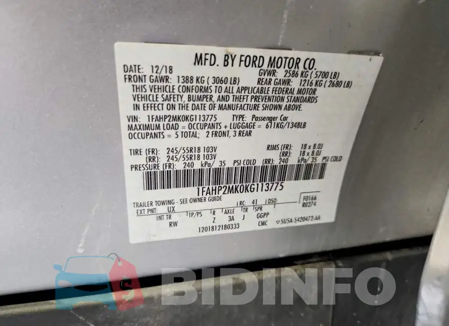 1FAHP2MK0KG113775 Photo# 12