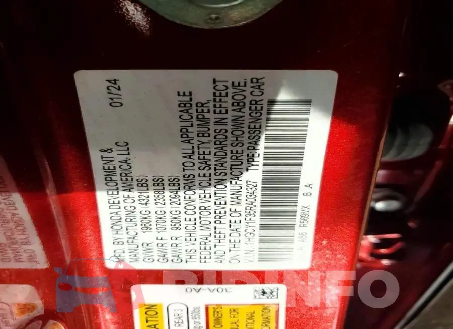 1HGCY1F35RA034327 Photo# 12