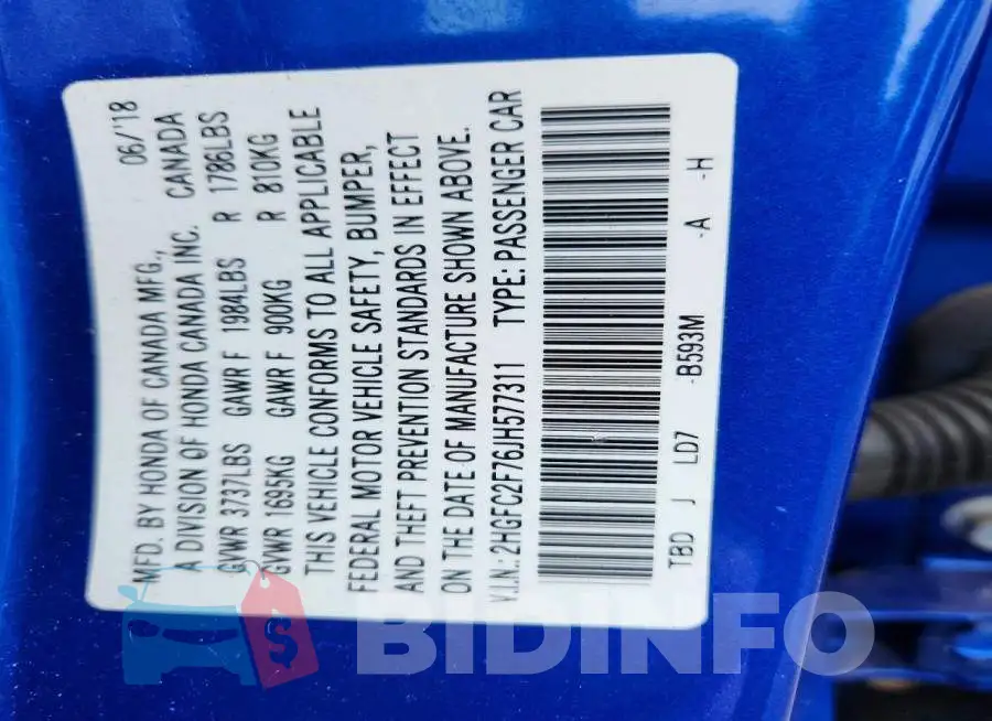 2HGFC2F76JH577311 Photo# 12