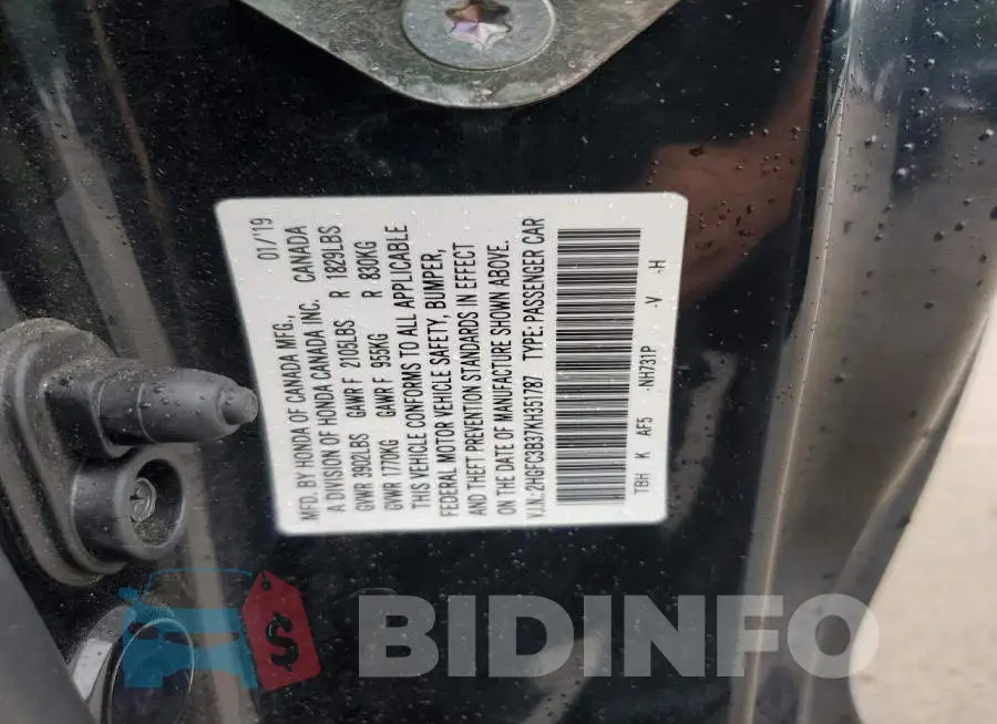 2HGFC3B37KH351787 Photo# 12
