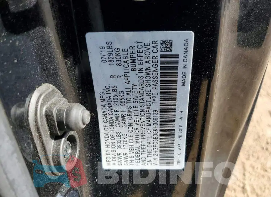 2HGFC3B38KH356139 Photo# 12