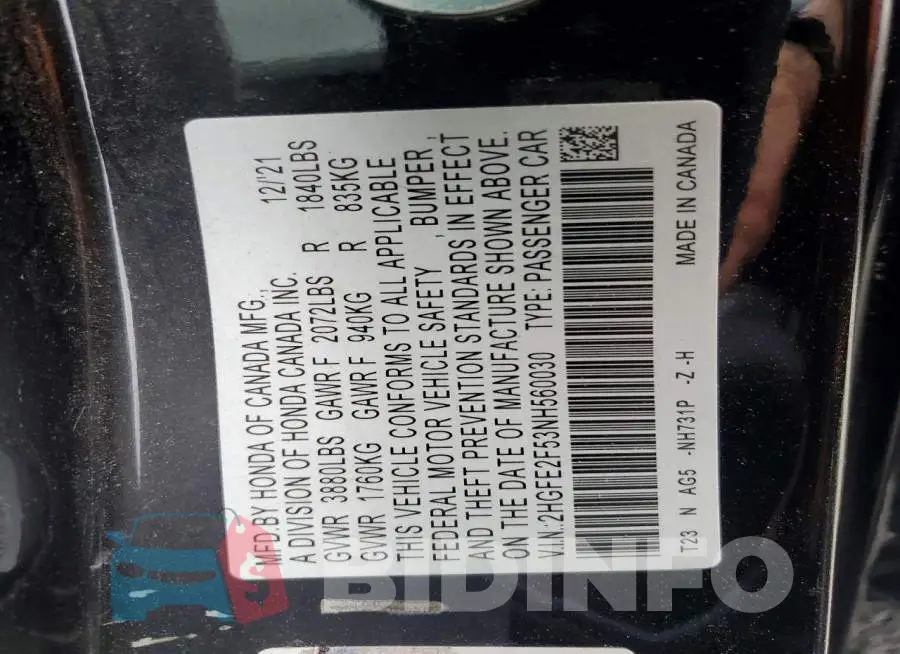 2HGFE2F53NH560030 Photo# 13