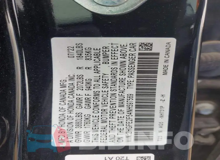 2HGFE2F54NH597569 Photo# 12