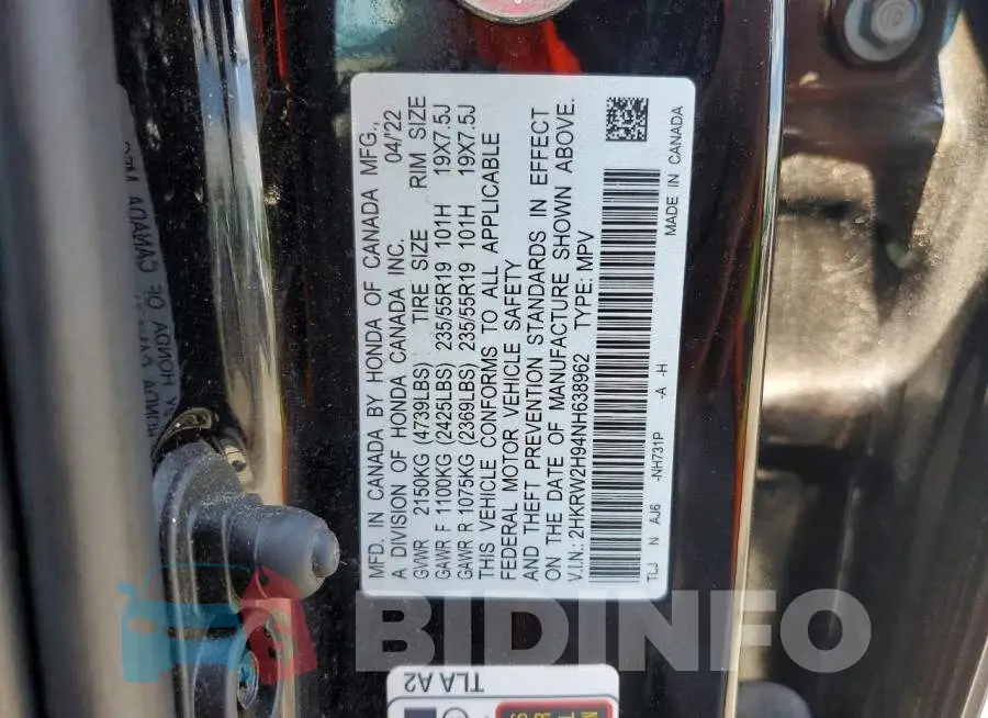 2HKRW2H94NH638962 Photo# 13