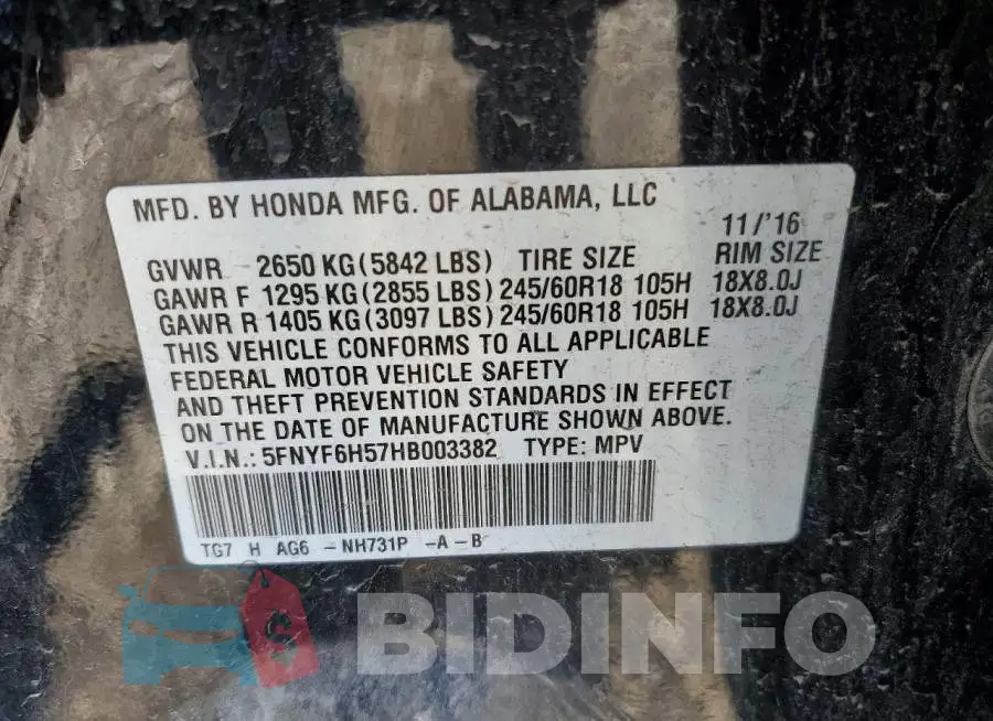 5FNYF6H57HB003382 Photo# 13