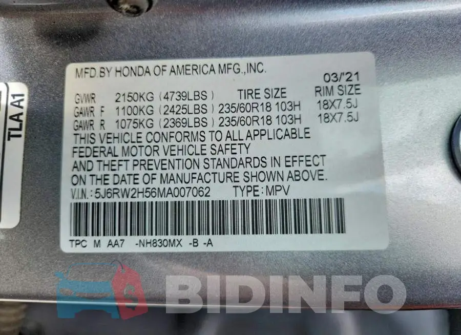 5J6RW2H56MA007062 Photo# 13