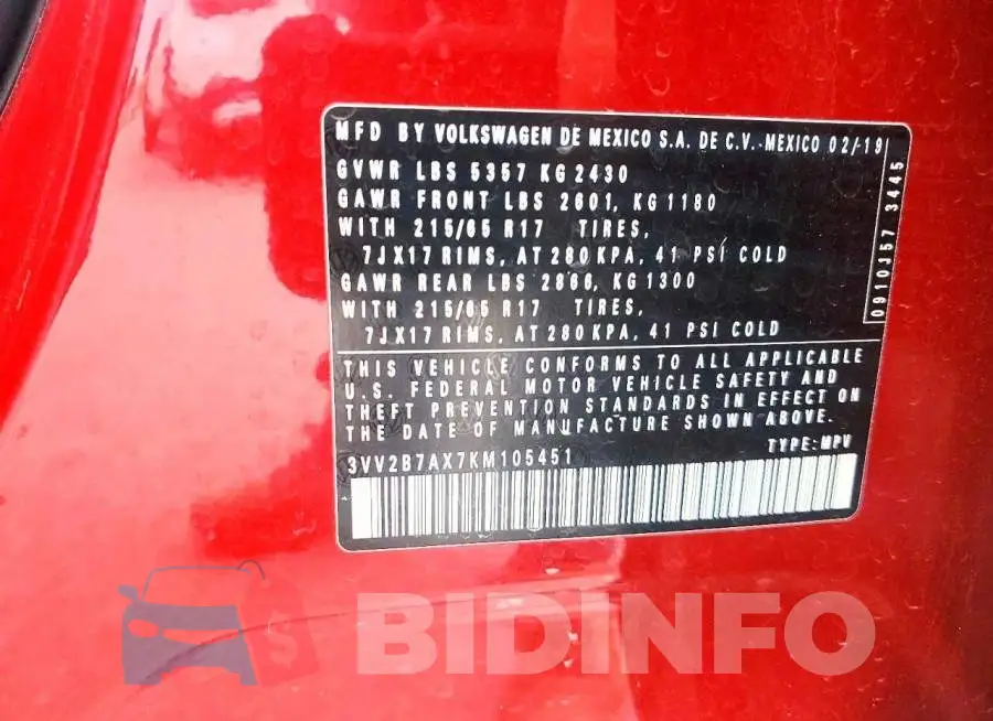 3VV2B7AX7KM105451 Photo# 14