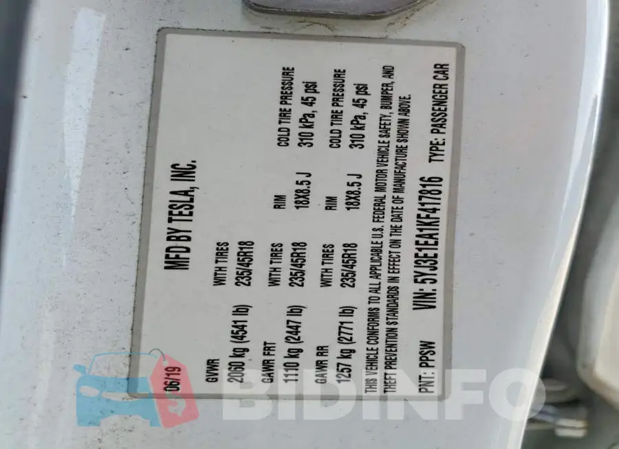 5YJ3E1EA1KF417816 Photo# 13