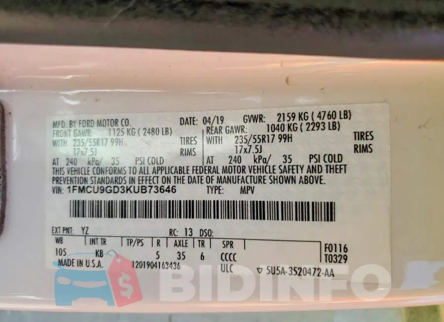 1FMCU9GD3KUB73646 Photo# 13