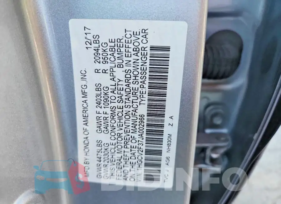1HGCV2F37JA002966 Photo# 12
