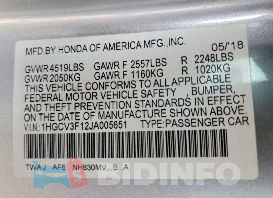 1HGCV3F12JA005651 Photo# 12