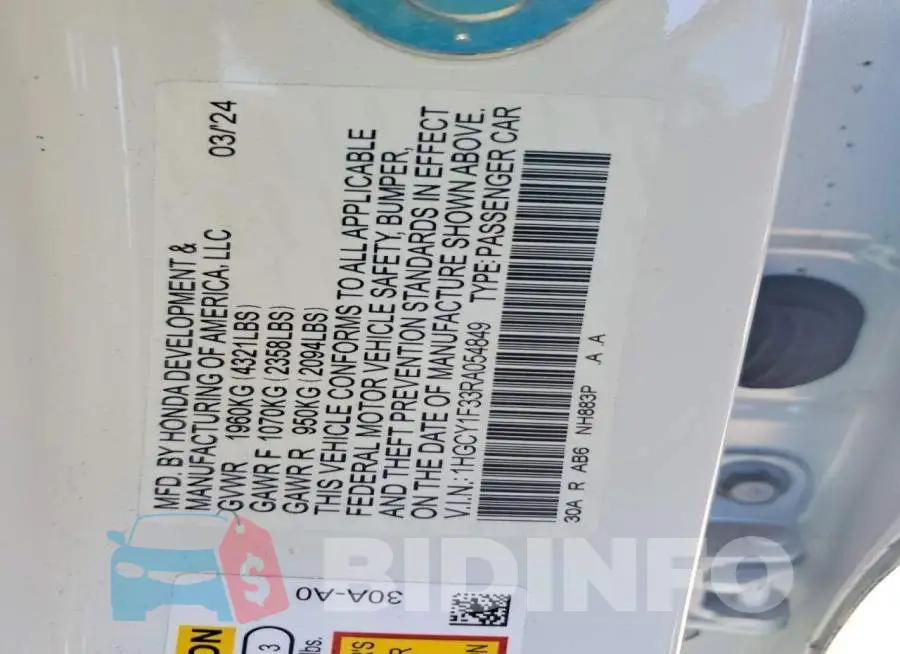 1HGCY1F33RA054849 Photo# 12