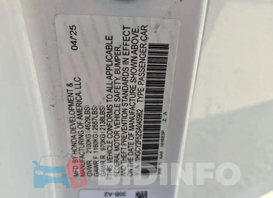 1HGCY2F52SA045962 Photo# 12