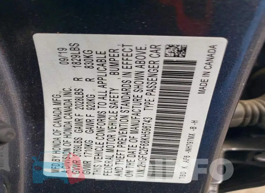 2HGFC2F68KH596743 Photo# 12