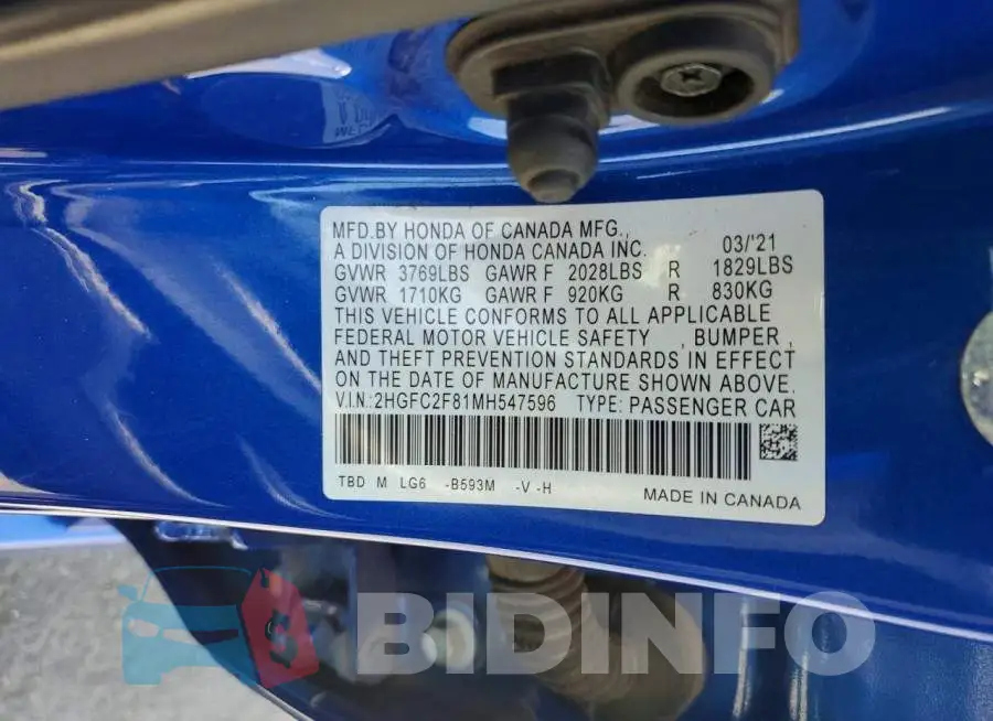 2HGFC2F81MH547596 Photo# 12