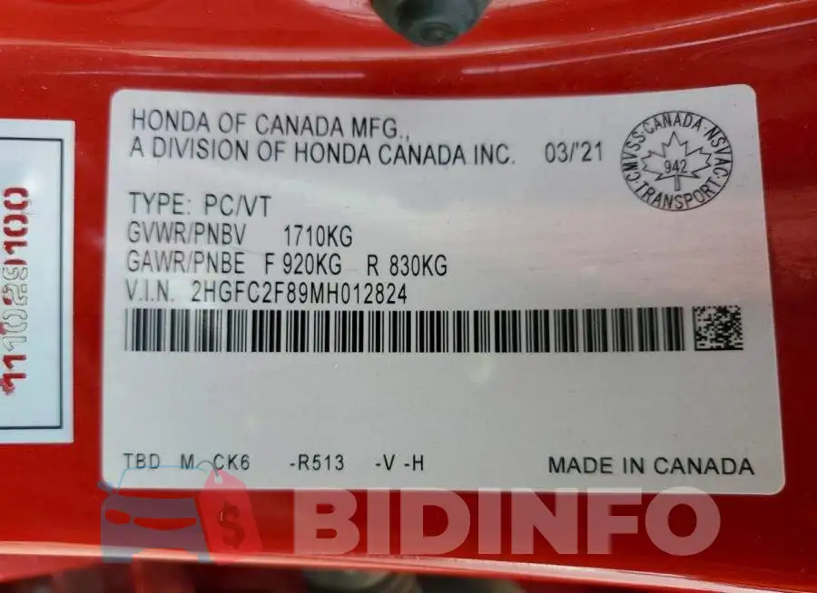 2HGFC2F89MH012824 Photo# 12