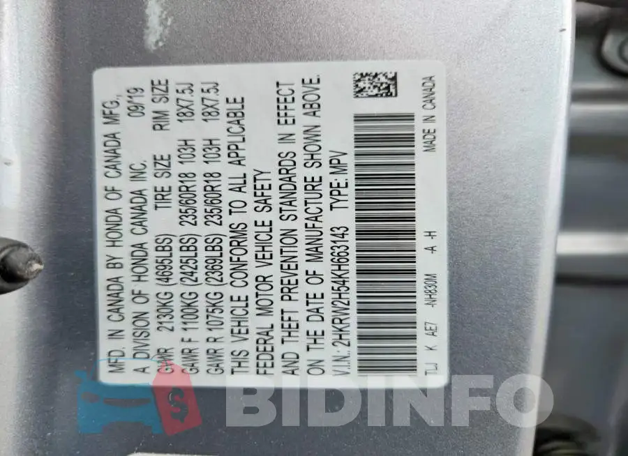 2HKRW2H54KH663143 Photo# 13