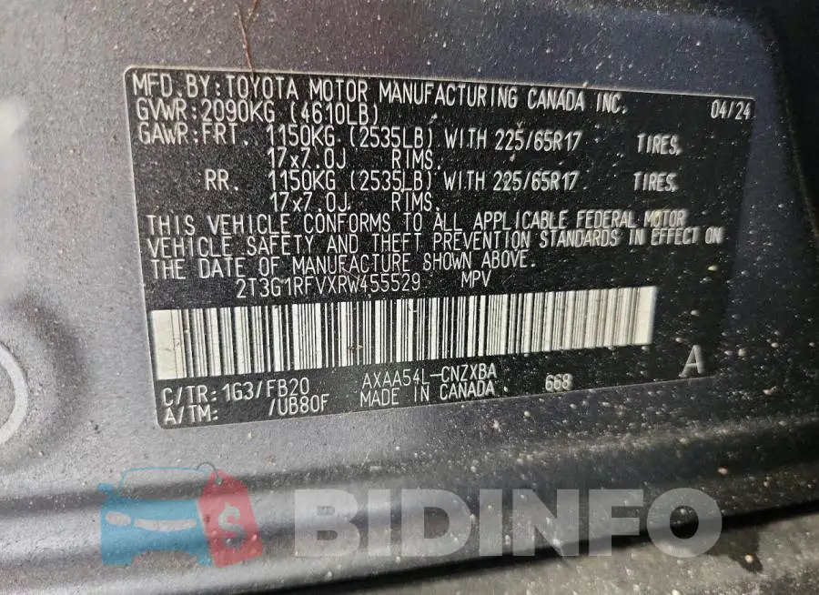 2T3G1RFVXRW455529 Photo# 13