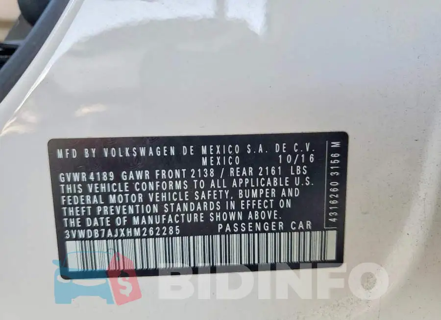 3VWDB7AJXHM262285 Photo# 12