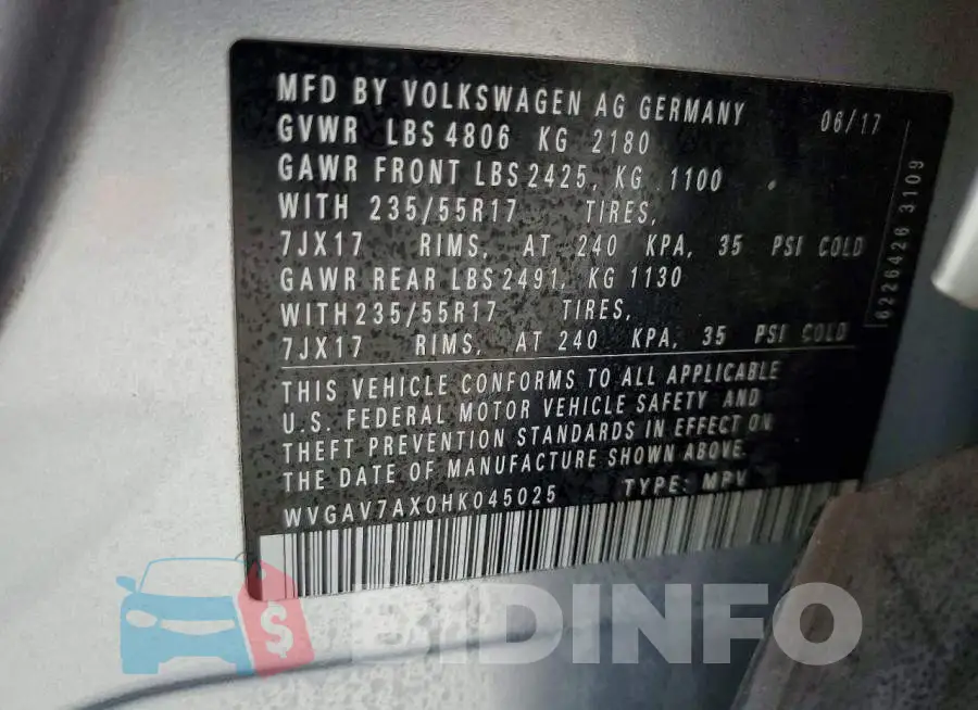 WVGAV7AX0HK045025 Photo# 13
