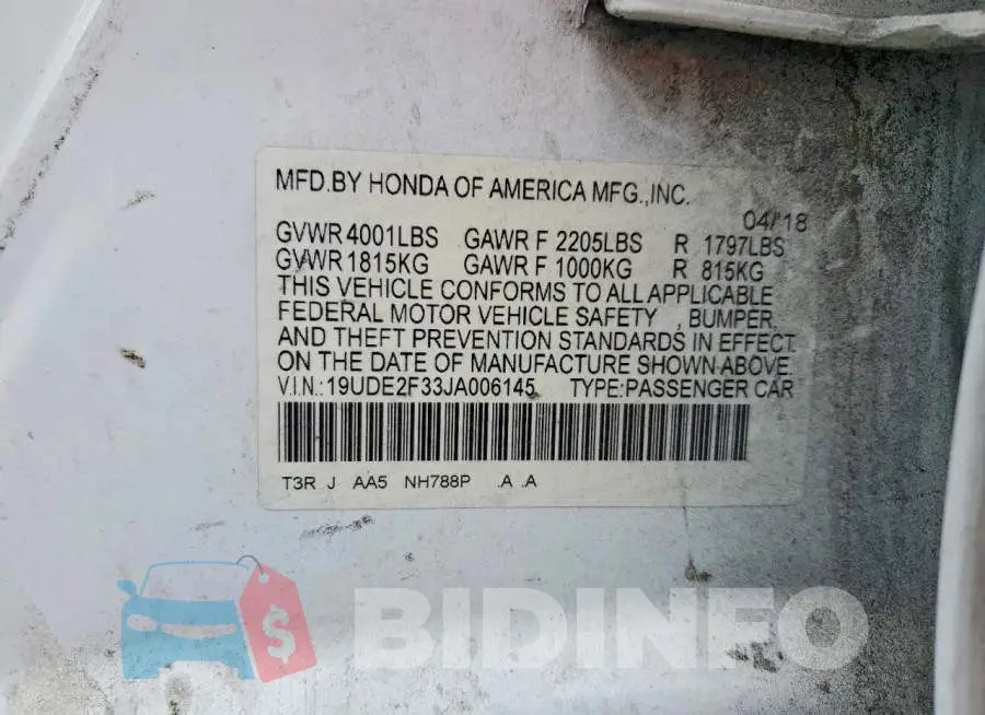 19UDE2F33JA006145 Photo# 12