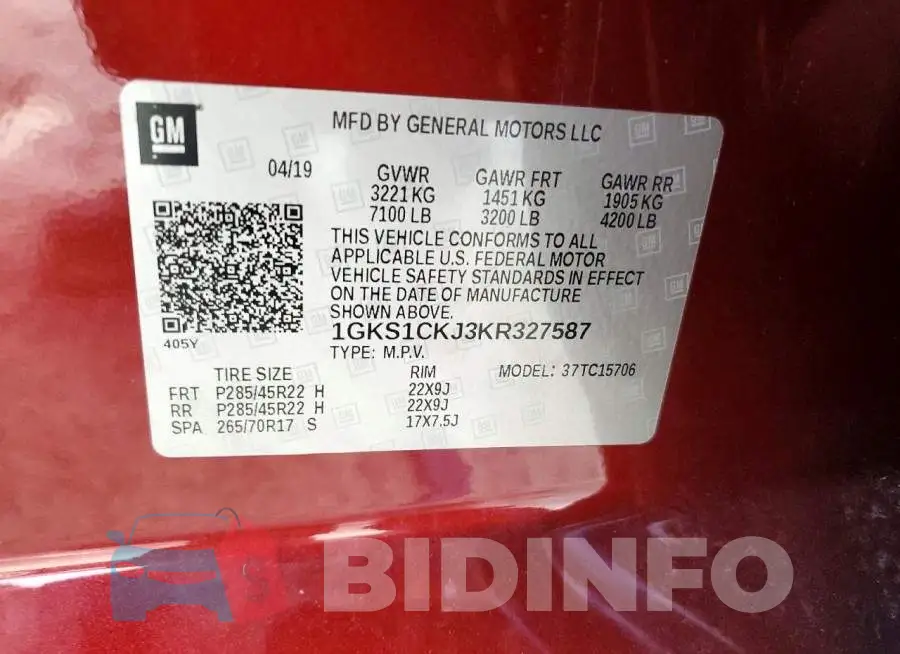 1GKS1CKJ3KR327587 Photo# 14