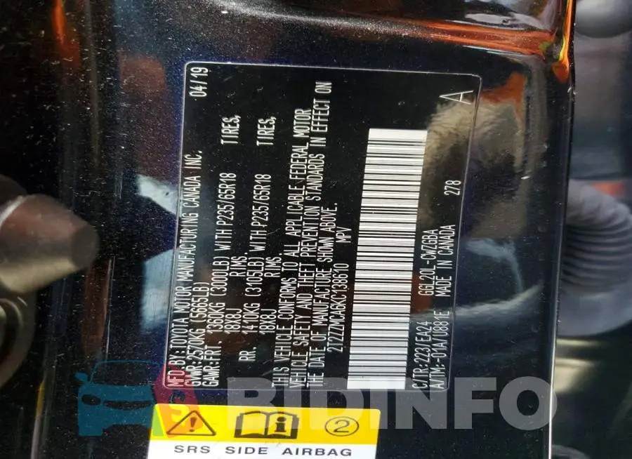 2T2ZZMCA6KC138610 Photo# 13