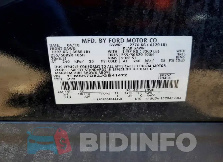 1FM5K7D82JGB41472 Photo# 13