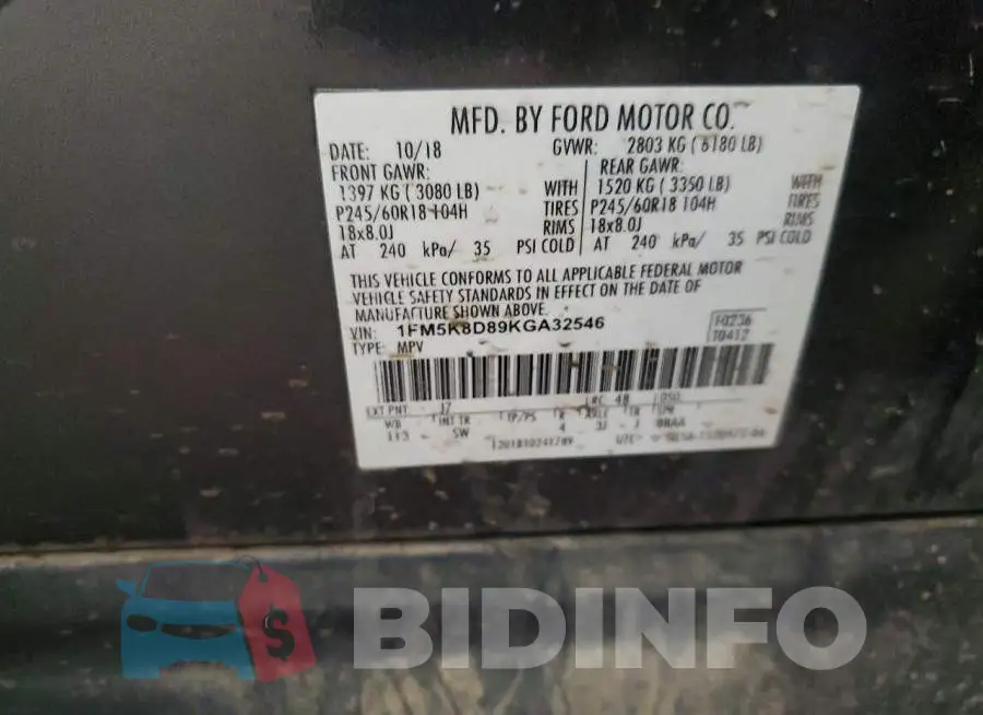 1FM5K8D89KGA32546 Photo# 13