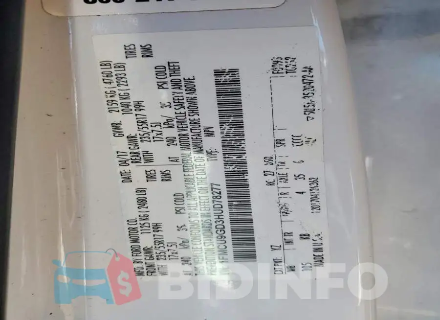 1FMCU9GD3HUD78277 Photo# 14
