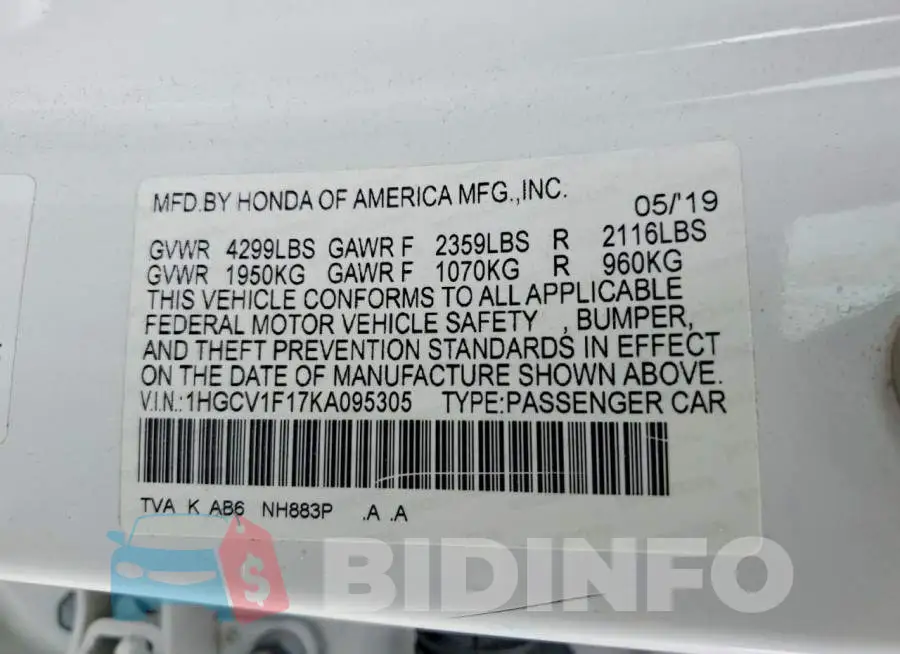 1HGCV1F17KA095305 Photo# 12