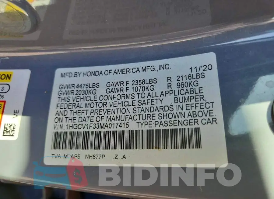 1HGCV1F33MA017415 Photo# 12