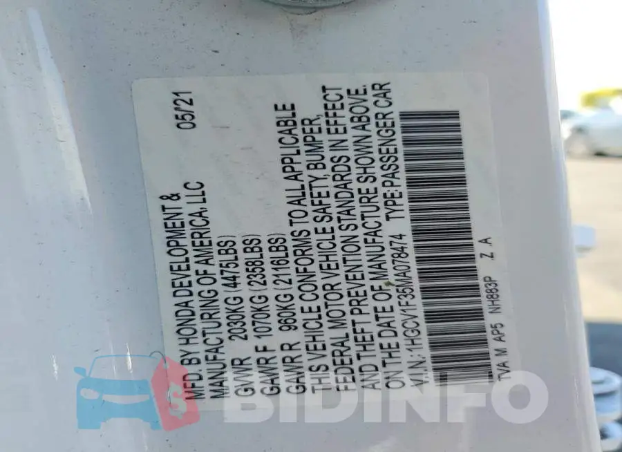 1HGCV1F35MA078474 Photo# 12