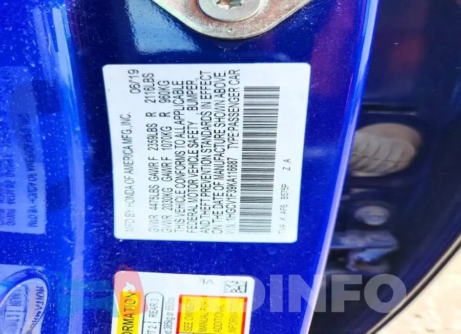 1HGCV1F39KA116687 Photo# 12