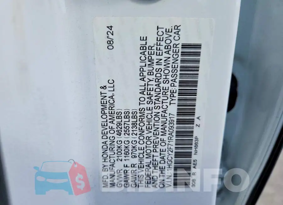 1HGCY2F71RA093917 Photo# 12