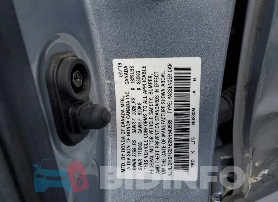 2HGFC2F62KH540989 Photo# 12