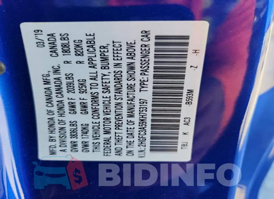 2HGFC3A59KH753197 Photo# 12