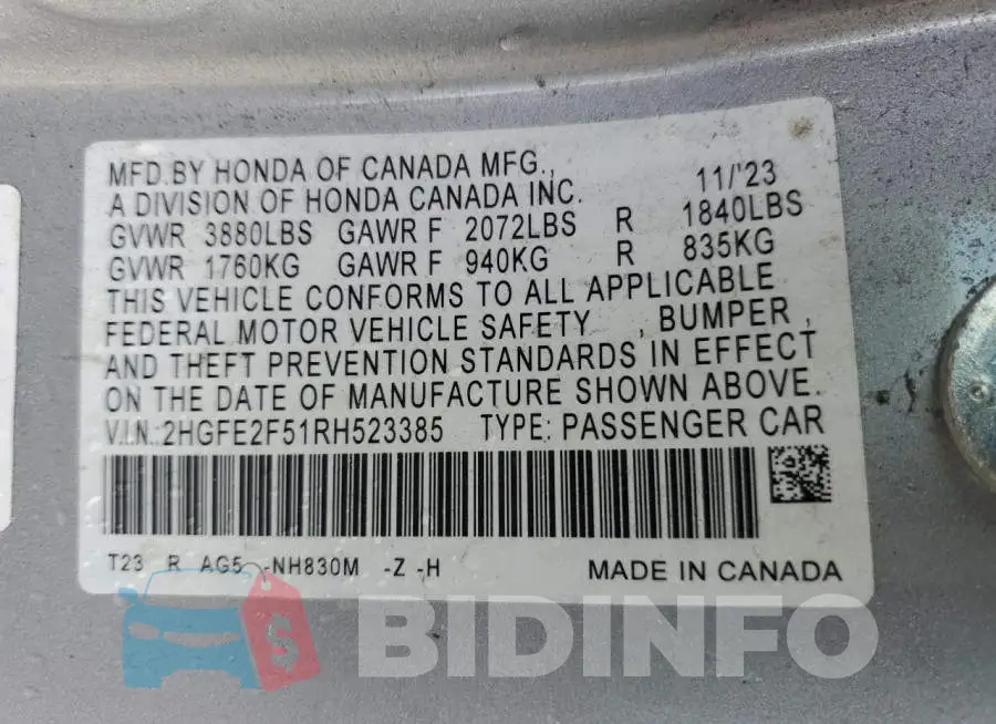 2HGFE2F51RH523385 Photo# 12