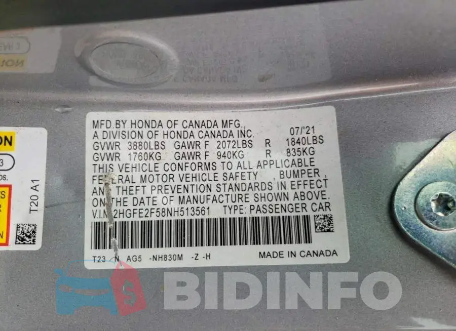 2HGFE2F58NH513561 Photo# 12