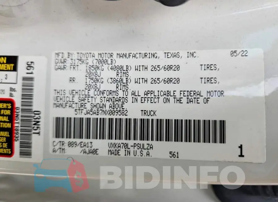 5TFJA5AB7NX009582 Photo# 12