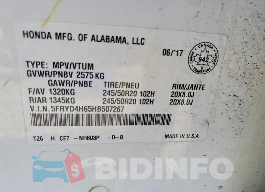 5FRYD4H65HB507267 Photo# 14