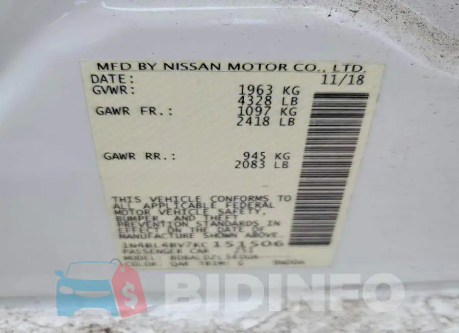 1N4BL4BV7KC151506 Photo# 12